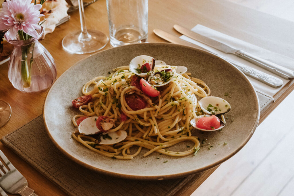 Spaghetti allo Scoglio with clams, prawns and mussels